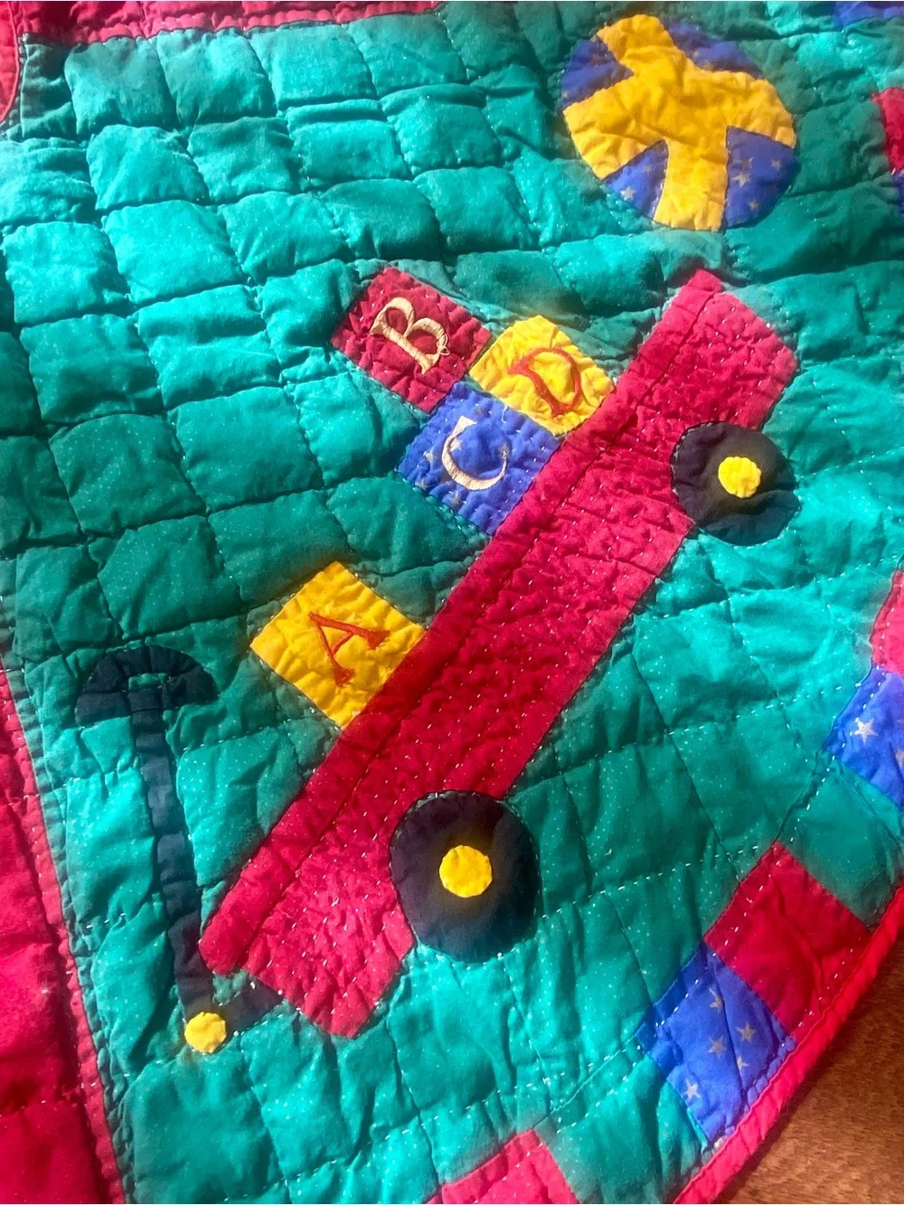 Vintage Teddy Bear and Train Quilted Christmas Tree‎ Skirt - Red, Blue & Green
